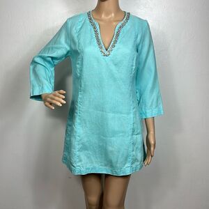 Malvin Linen 3/4 Sleeve Embellished Neckline Tunic Top In Aqua Size S